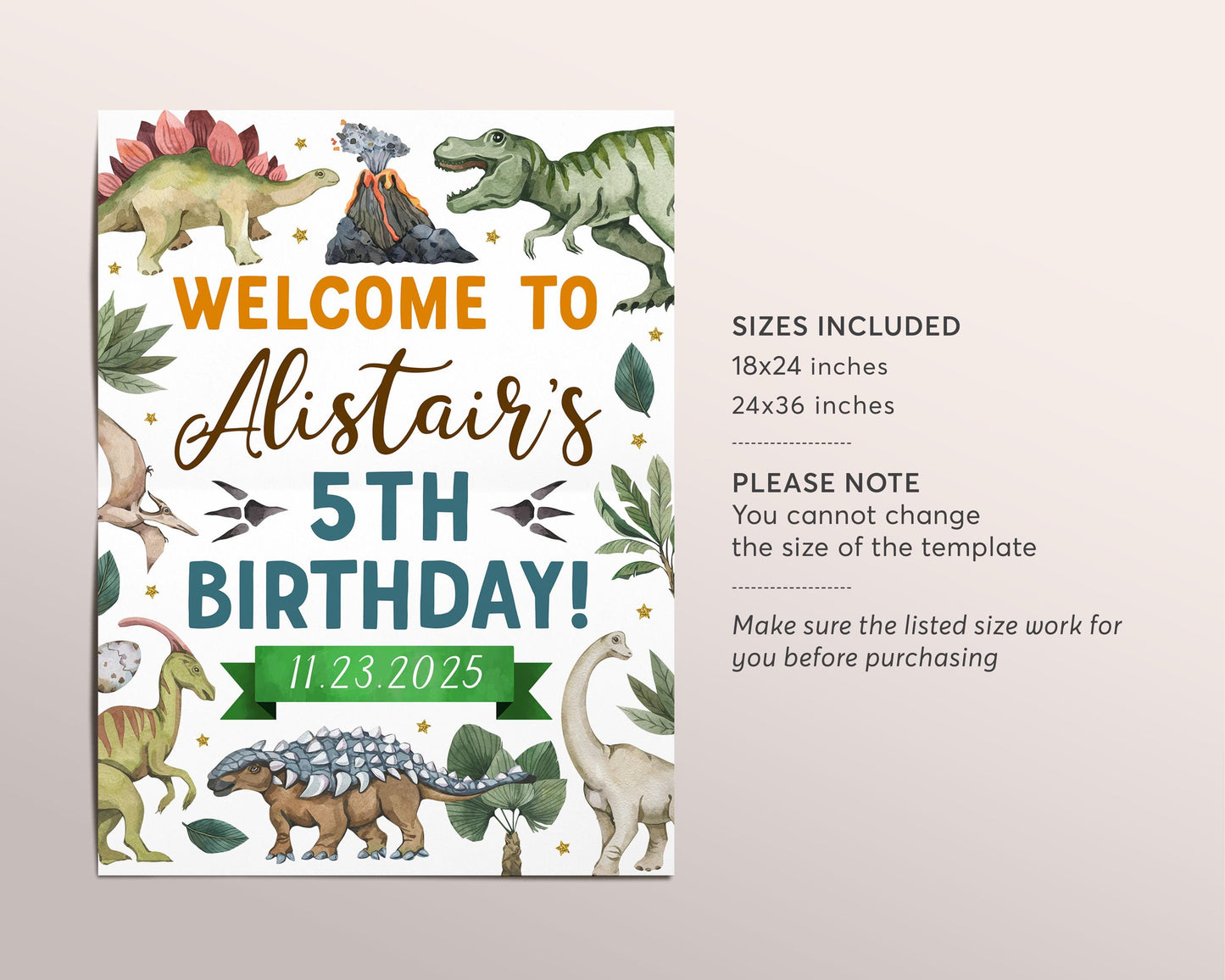 Dinosaur Birthday Party Welcome Sign Editable Template, Boy Dino Jurassic Party Poster, Kids Dinosaur Tyrannosaurus T-Rex Board Banner Decor