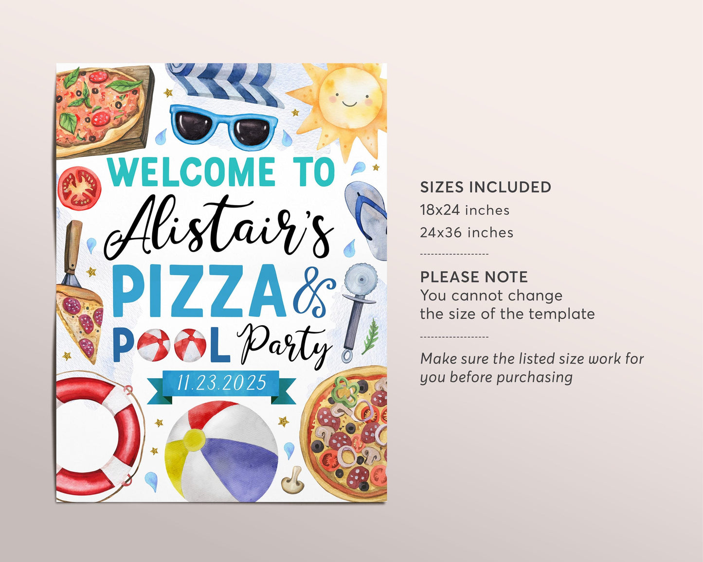 Pizza Pool Party Welcome Sign Editable Template, Boy Summer Swimming Pool Pizza Birthday Party Bash Poster, Splish Splash Welcome Decor