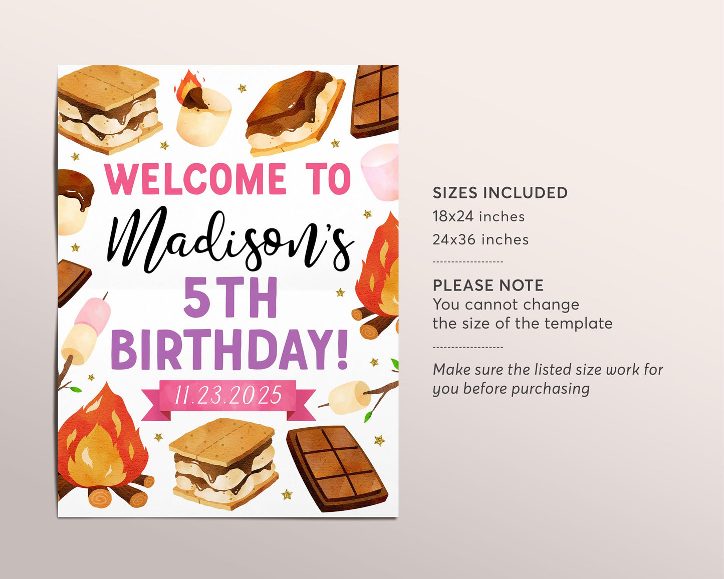 S'mores Birthday Welcome Sign Editable Template, Girl Bonfire Campfire Smores Outdoor Adventure Camp Party Poster, Backyard Camping Banner