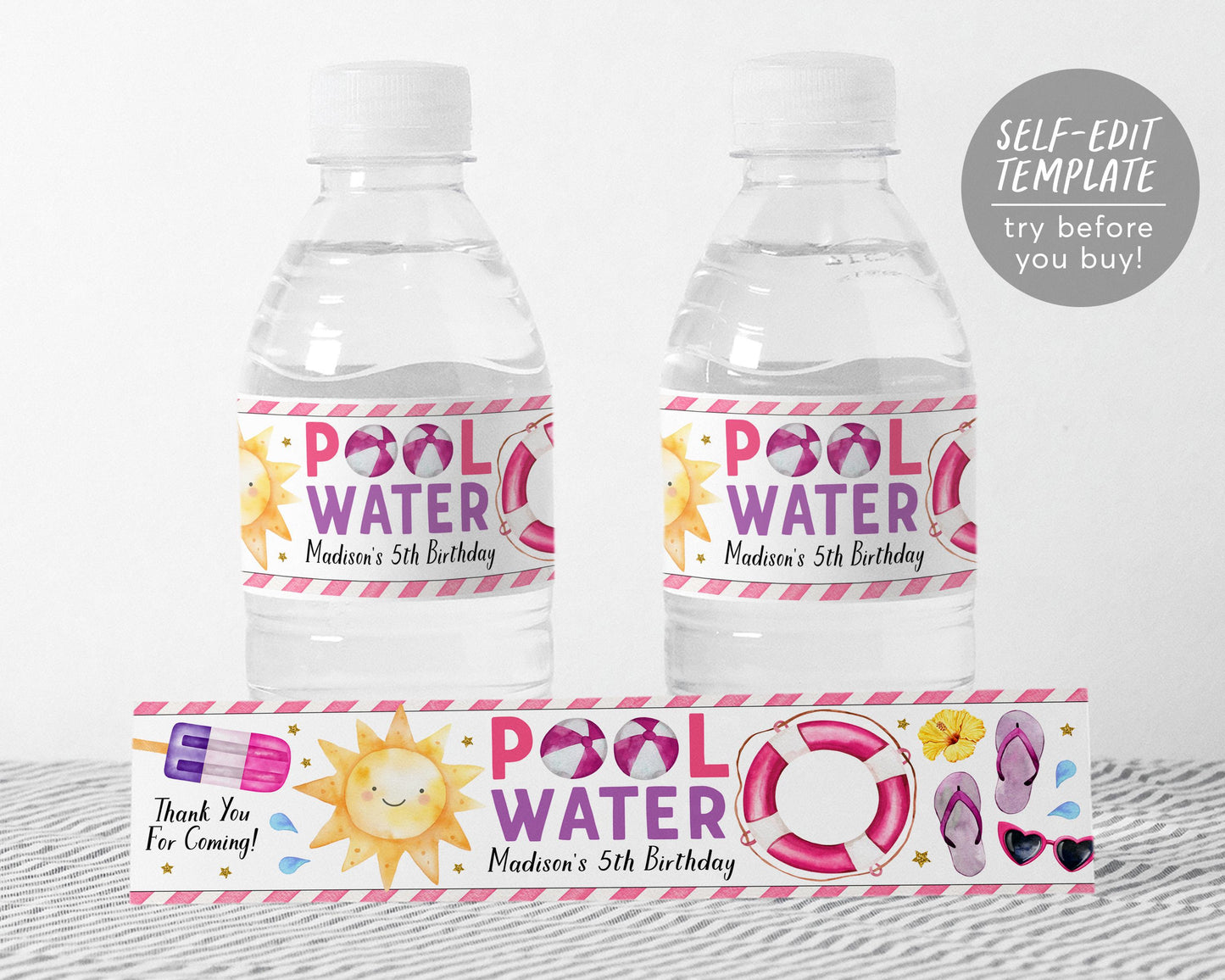 Pool Party Water Bottle Labels Editable Template