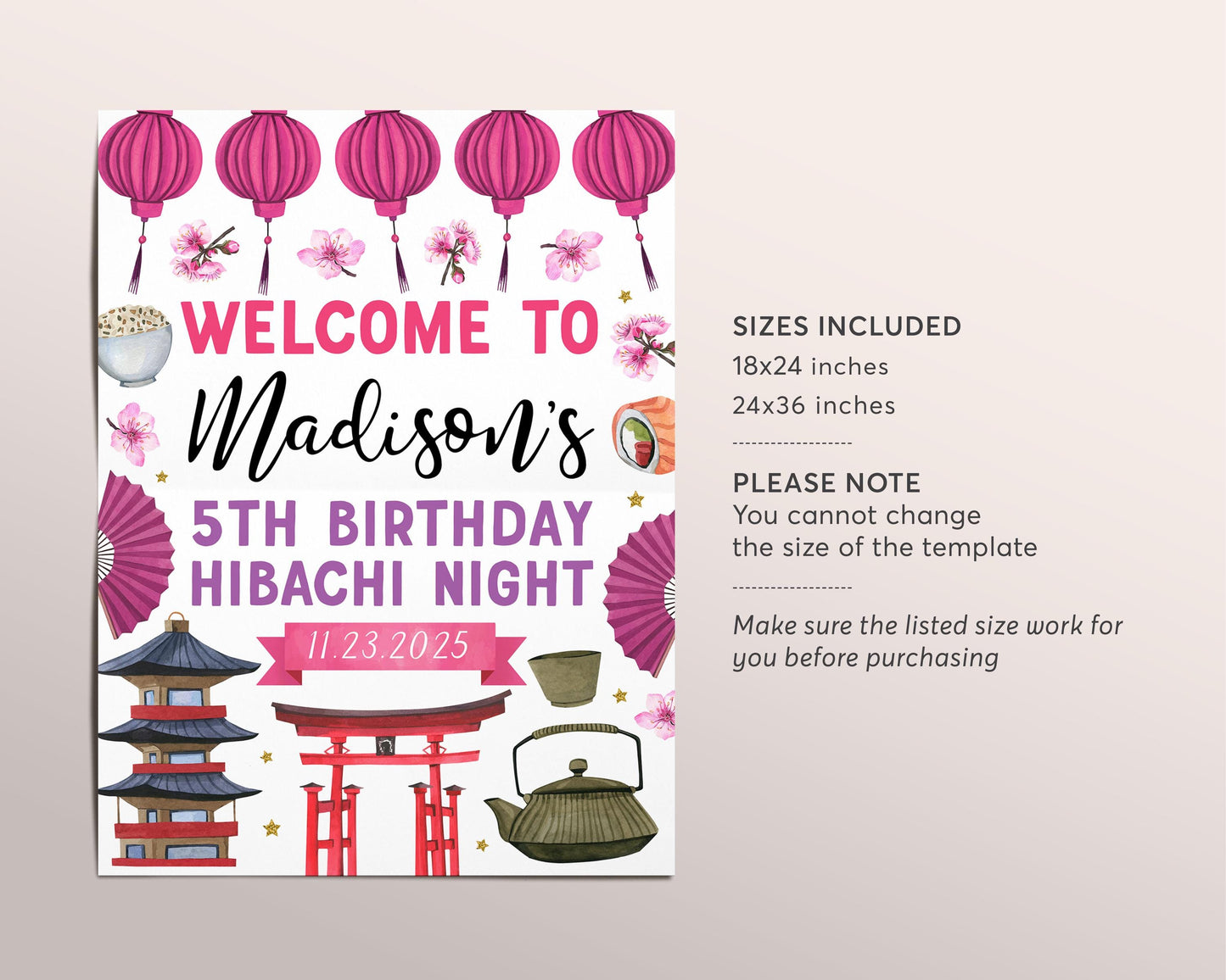 Hibachi Birthday Welcome Sign Editable Template, Girl Hibachi Japanese Restaurant Party Poster, Japan BBQ Dinner For Kids Adults Asian Decor