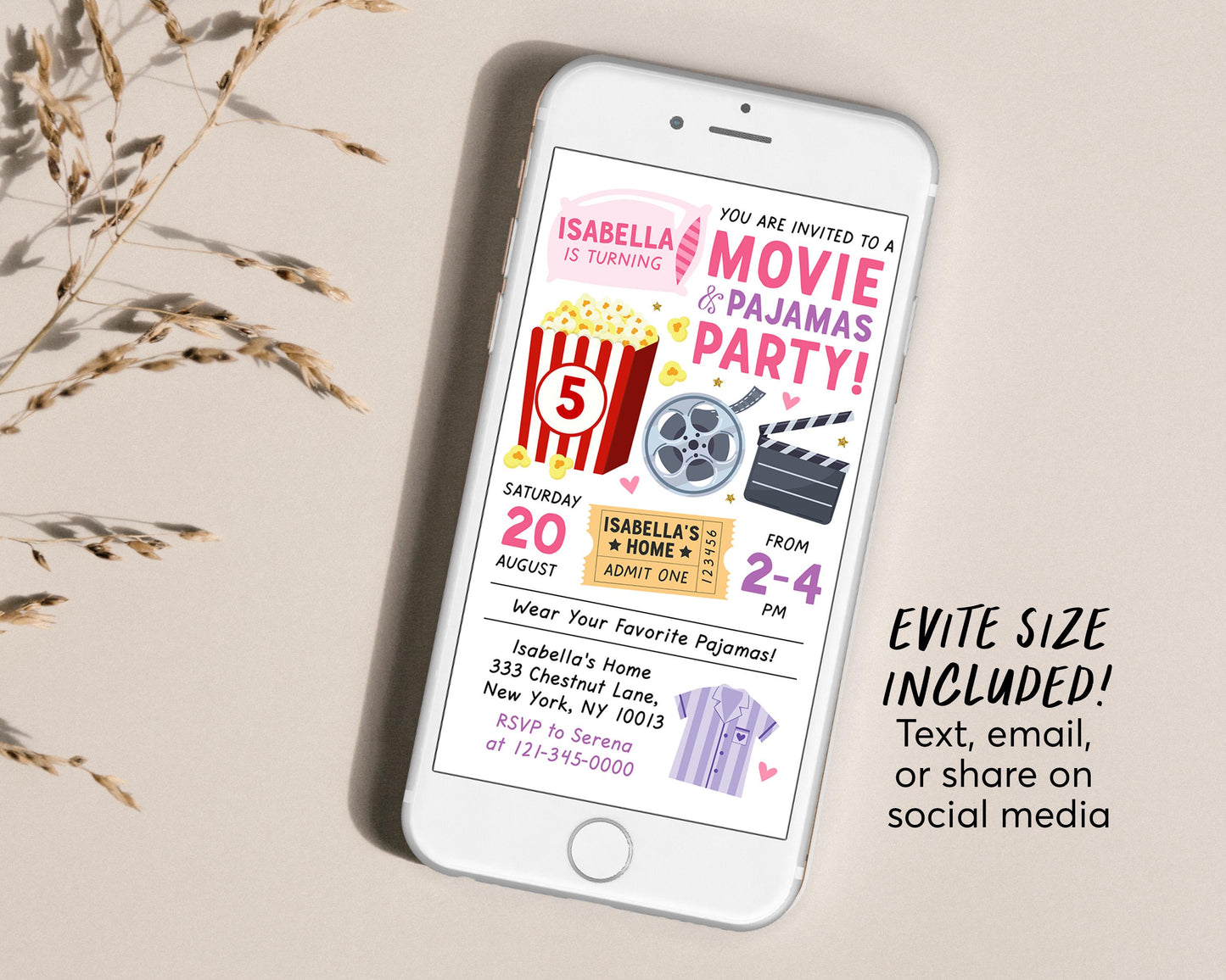 Movie and Pajamas Party Birthday Invitation Editable Template, Girl Movie PJs Slumber Party Popcorn Invite, Sleepover Movie Ticket Evite