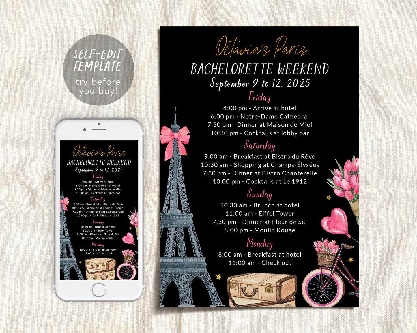 Paris Bachelorette Itinerary And Invitation Editable Template, Paris Travel Planner Invite France Girls Night Out Weekend Schedule Hen Party