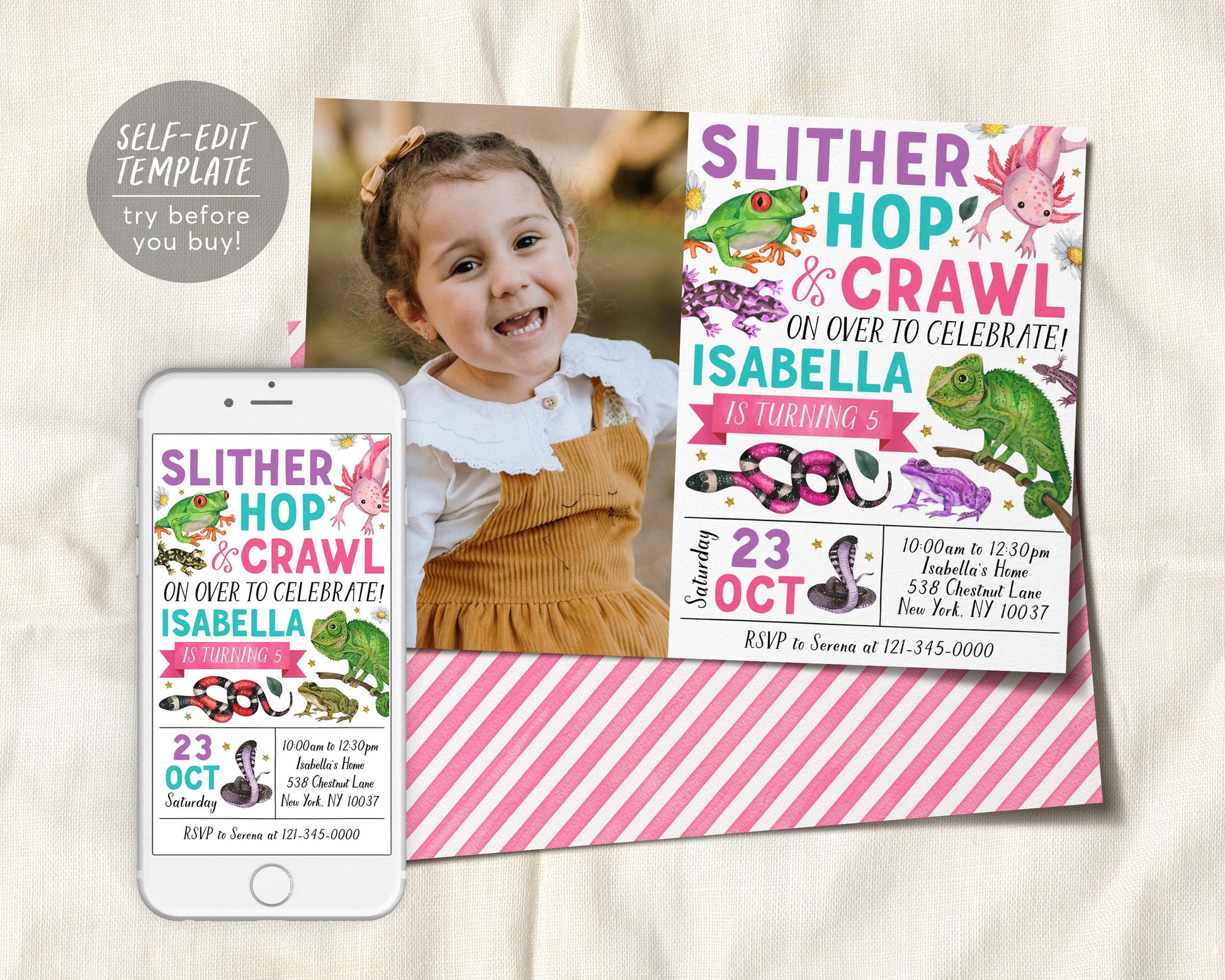 Reptile Birthday Invitation With Photo Editable Template