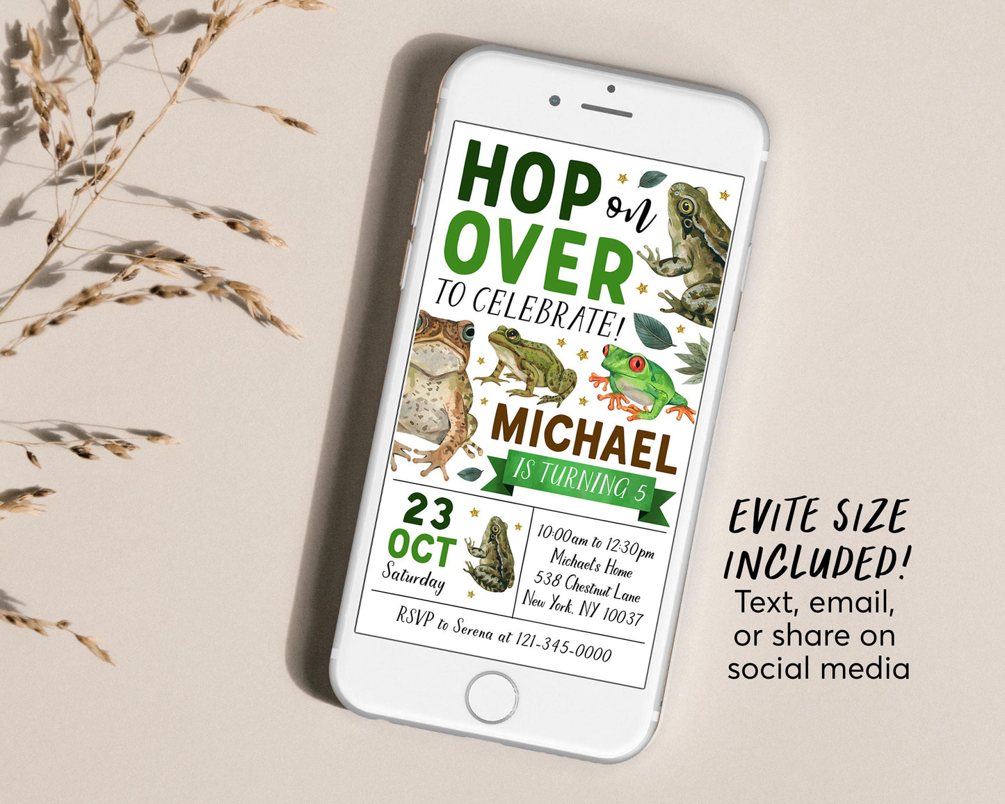 Frog Birthday Invitation Editable Template, Boy Hop On Over Frogs Theme Party Invite, Kids Swamp Pond Nature Amphibian Garden Outdoor Evite