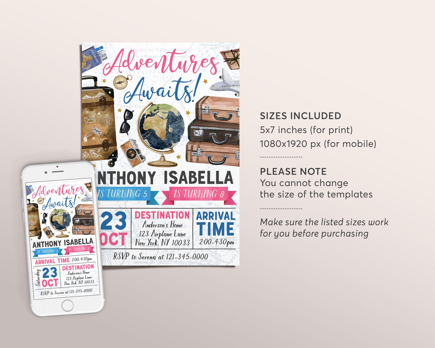 Adventure Awaits Travel Joint Siblings Birthday Invitation Editable Template, Twin Girl Boy Around the World Party Invite, Vintage Map Evite