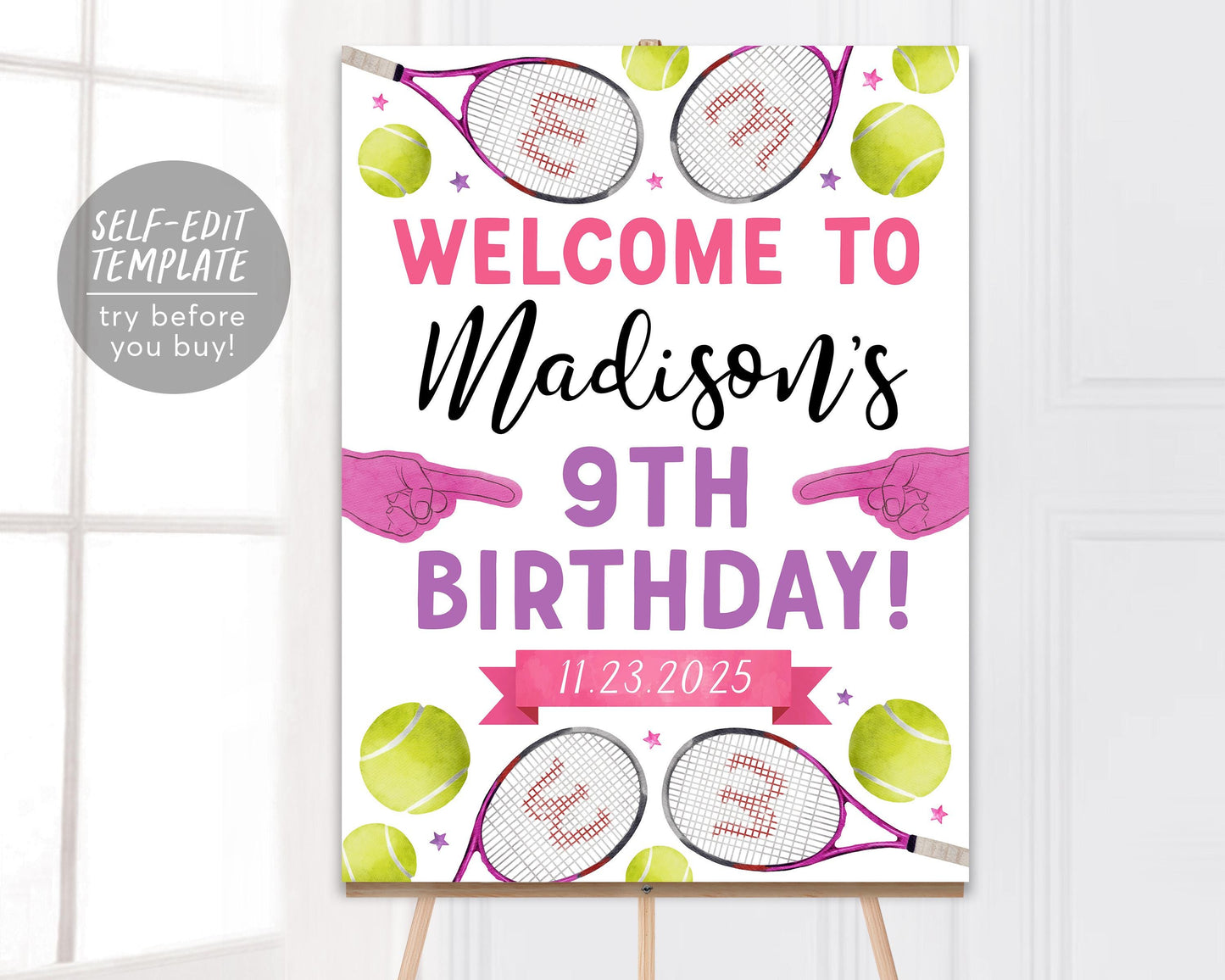 Tennis Birthday Welcome Sign Editable Template