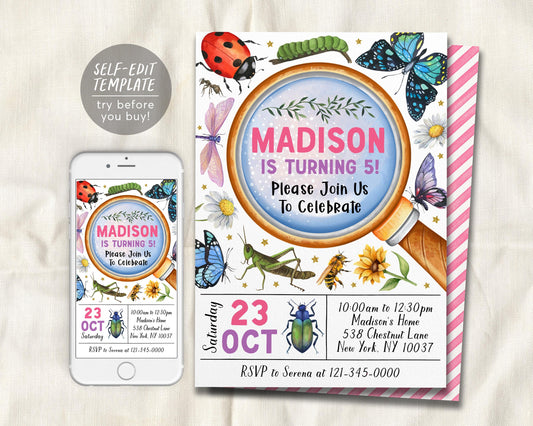 Insect Bugs Birthday Invitation Editable Template