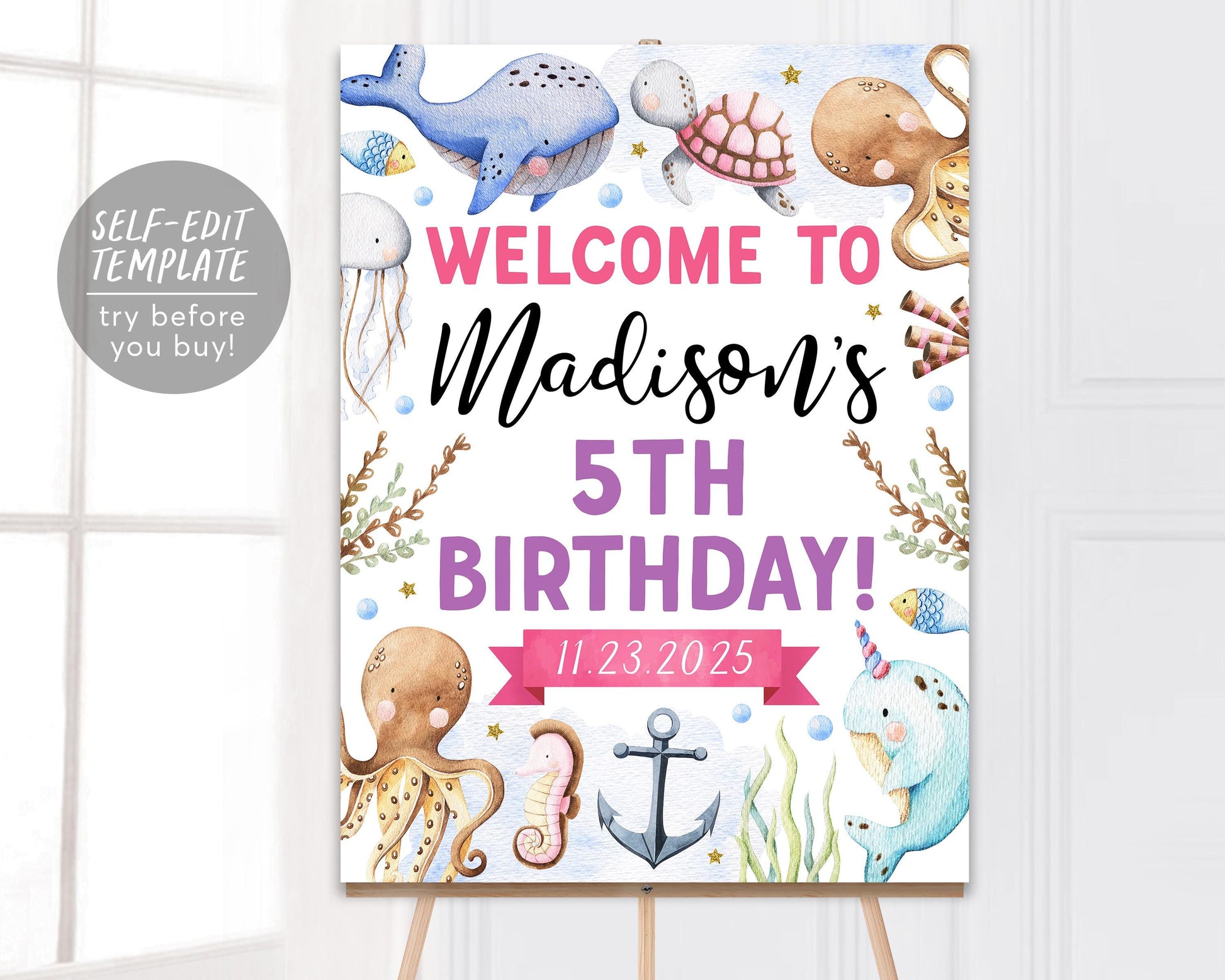 Under The Sea Birthday Welcome Sign Editable Template