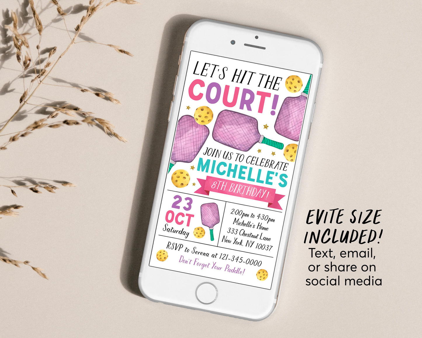 Pickleball Birthday Invitation With Photo Editable Template, Girl Lets Hit the Court Theme Party Invite, Sports Pickleball Theme Evite