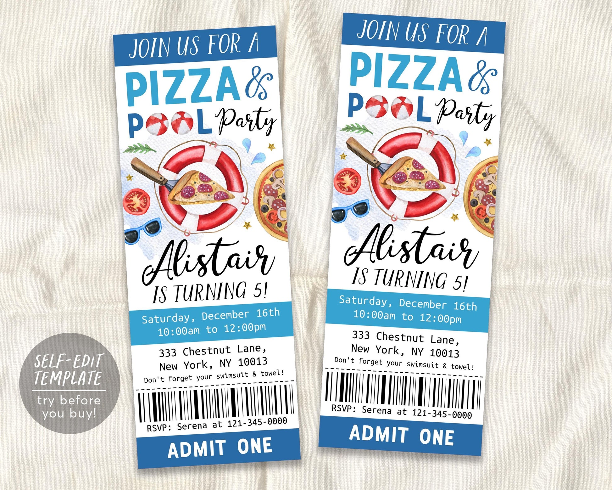 Pizza Pool Party Birthday Ticket Invitation Editable Template