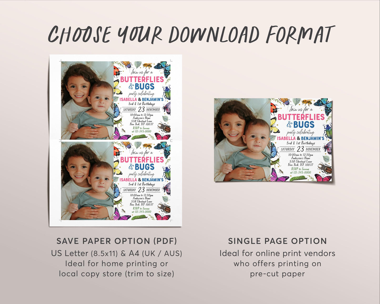 Butterflies and Bugs Joint Siblings Birthday Invitation With Photo Editable Template, Twins Girl Boy Butterfly Insect Party Invite Evite