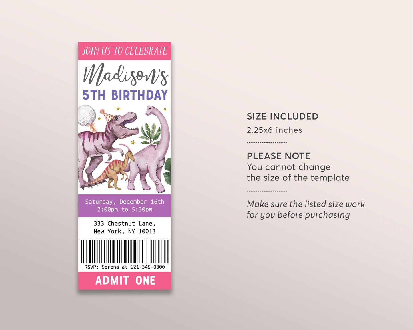 Dinosaur Birthday Ticket Invitation Editable Template, Dino Girl Birthday Invite Evite, Jurassic Party, T-Rex Stomp Chomp Roar Tyrannosaurus