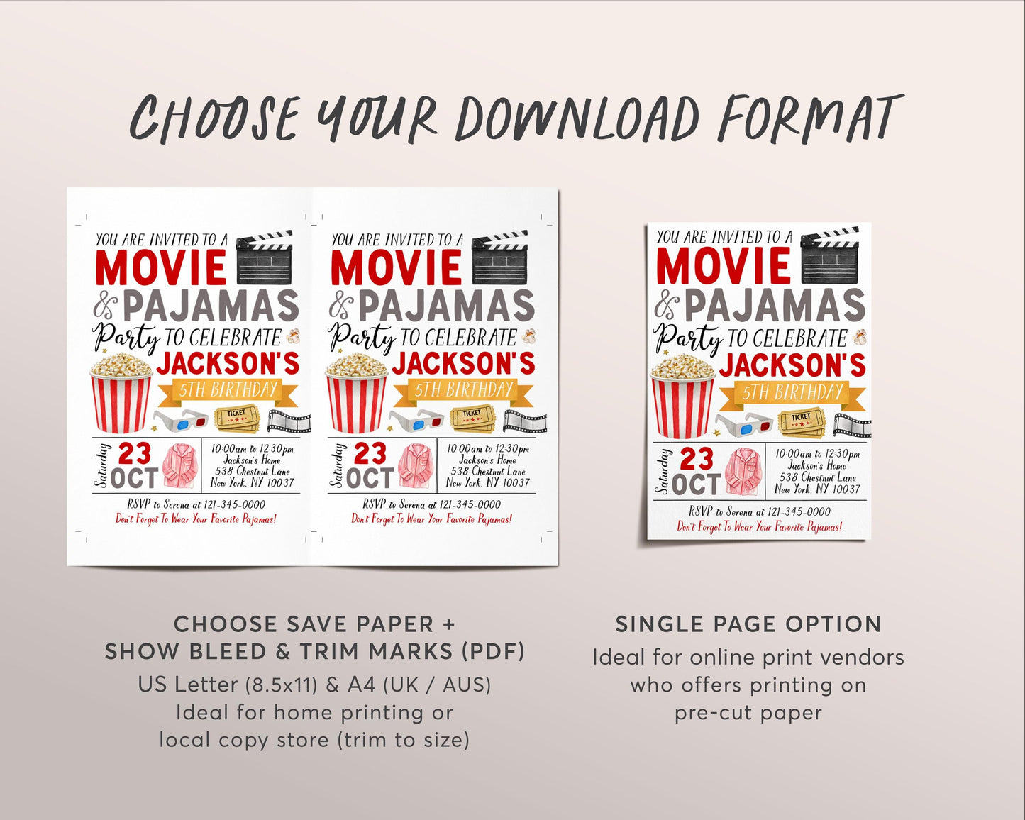 Movie and Pajamas Birthday Invitation Editable Template, Unisex Slumber Party Popcorn Cinema Movie Ticket Invite, Sleepover Kids Evite