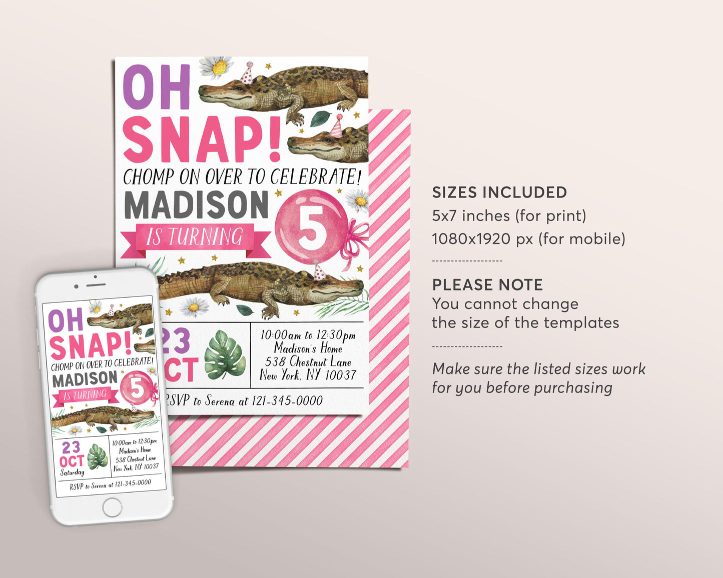 Crocodile Birthday Invitation Editable Template, Girl Oh Snap Crocodile Theme Party Invite, Floral Daisy Alligator Nature Chomp Chomp Evite