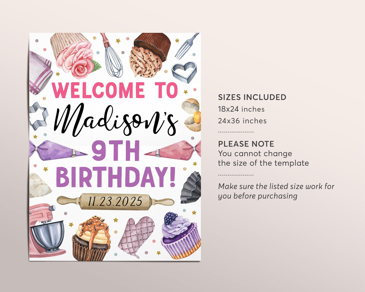 Baking Birthday Party Welcome Sign Editable Template, Girl Cupcake Wars Decorating Party Poster, Kids Cooking Party Kitchen Banner Decor