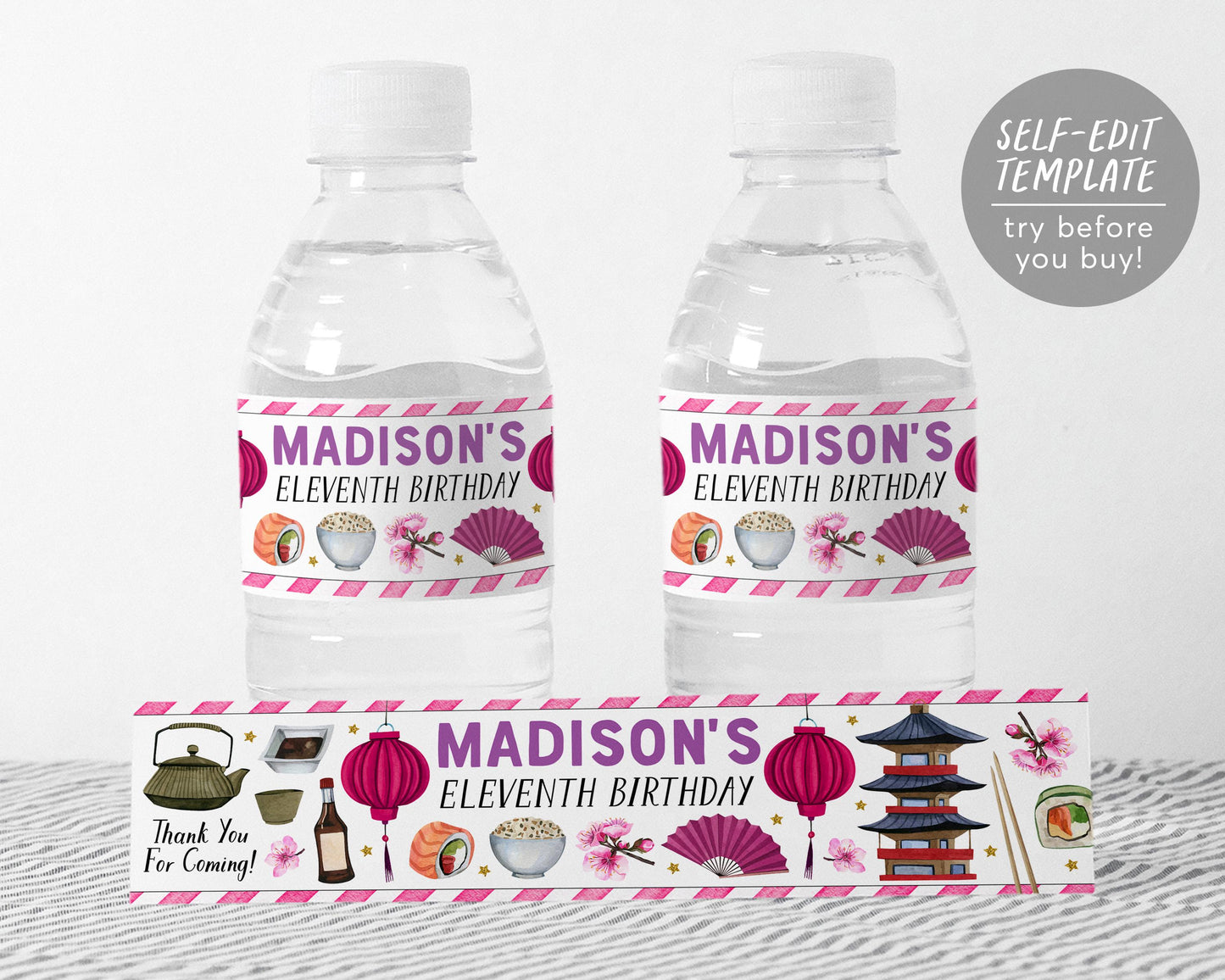 Hibachi Water Bottle Labels Editable Template