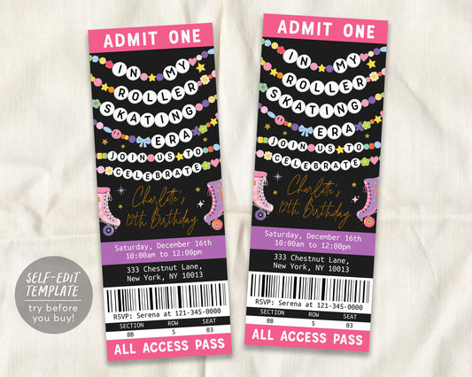 In My Roller Skating Era Ticket Invitation Editable Template