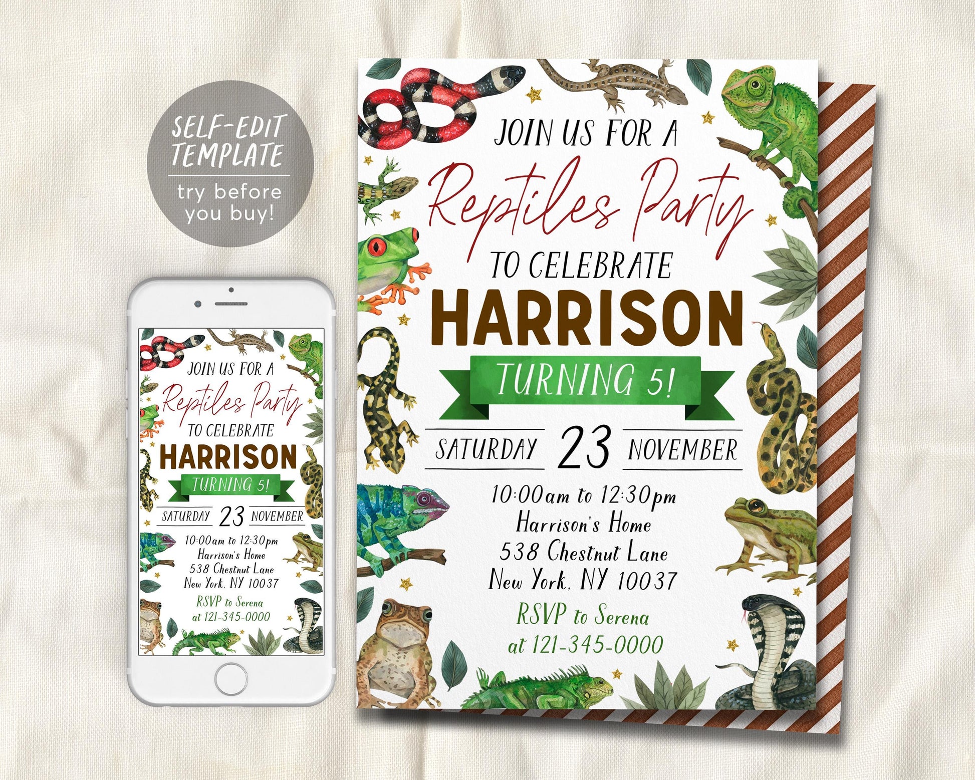 Reptiles Birthday Invitation Editable Template