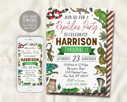 Reptiles Birthday Invitation Editable Template