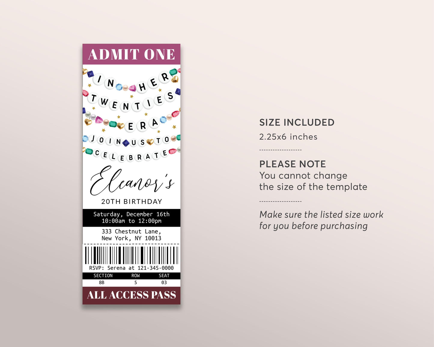 In My Twenties Era Ticket Invitation Editable Template, Friendship Bracelet Birthday Era Party Invite, Twentieth 20th Birthday Eras Evite