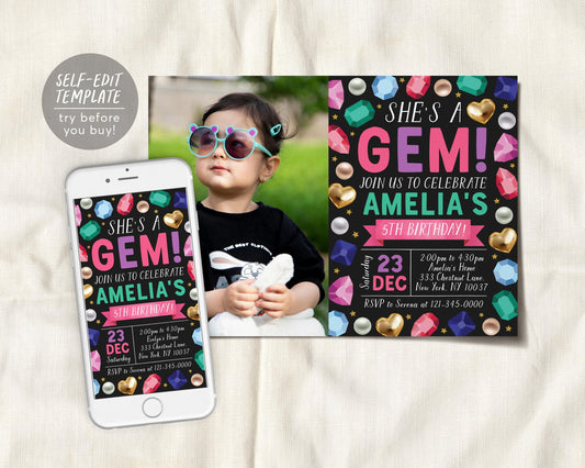 Gems Birthday Invitation With Photo Editable Template