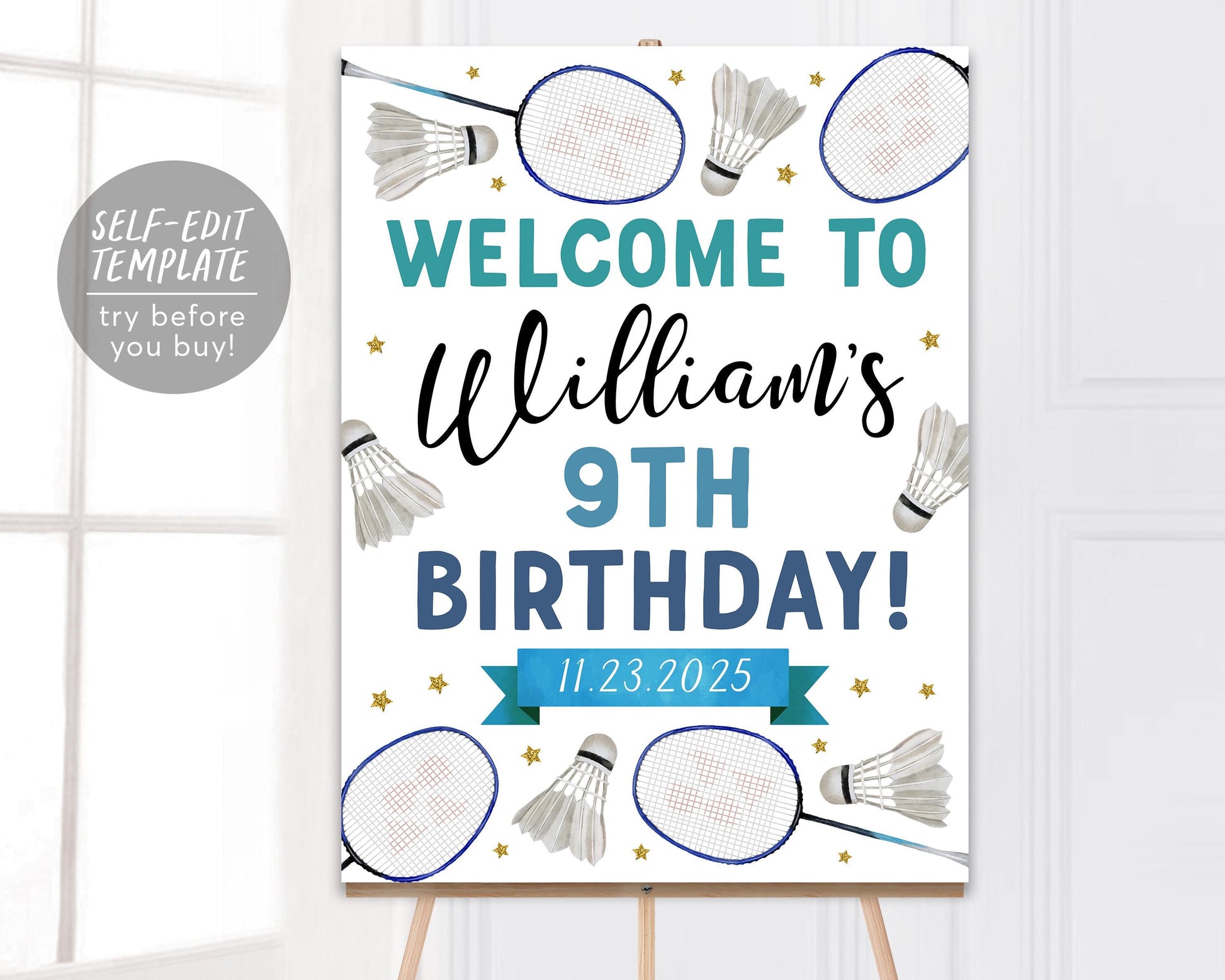 Badminton Birthday Welcome Sign Editable Template