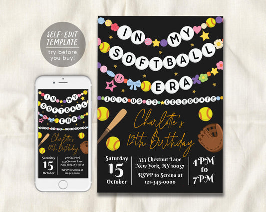 In My Softball Era Birthday Invitation Editable Template