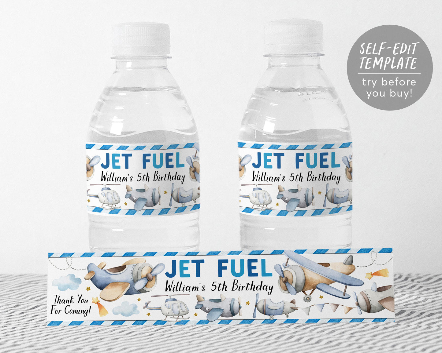 Airplane Party Water Bottle Labels Editable Template