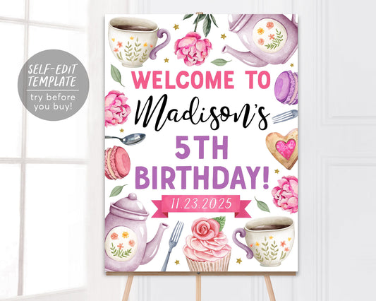 Tea Party Birthday Welcome Sign Editable Template