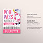 Pool Party Birthday VIP Pass Editable Template, Girl Summer Swimming Pool Pass Party All Access Pass, Guest Name Tag Insert ID Badge Lanyard