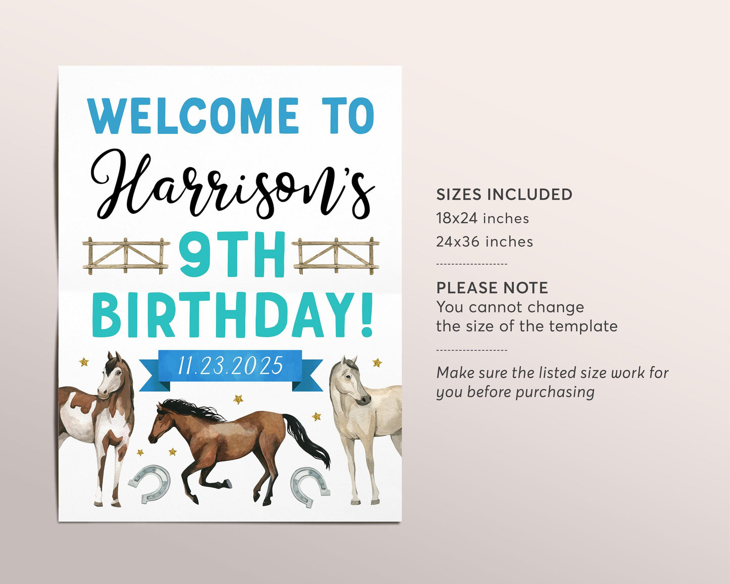 Horse Birthday Welcome Sign Editable Template, Boy Cowboy Horse Equestrian Birthday Party Poster, Kids Saddle Up Farm Country Ranch Poster