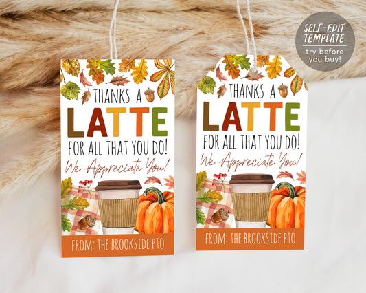 Fall Thanks a Latte Gift Tag Editable Template