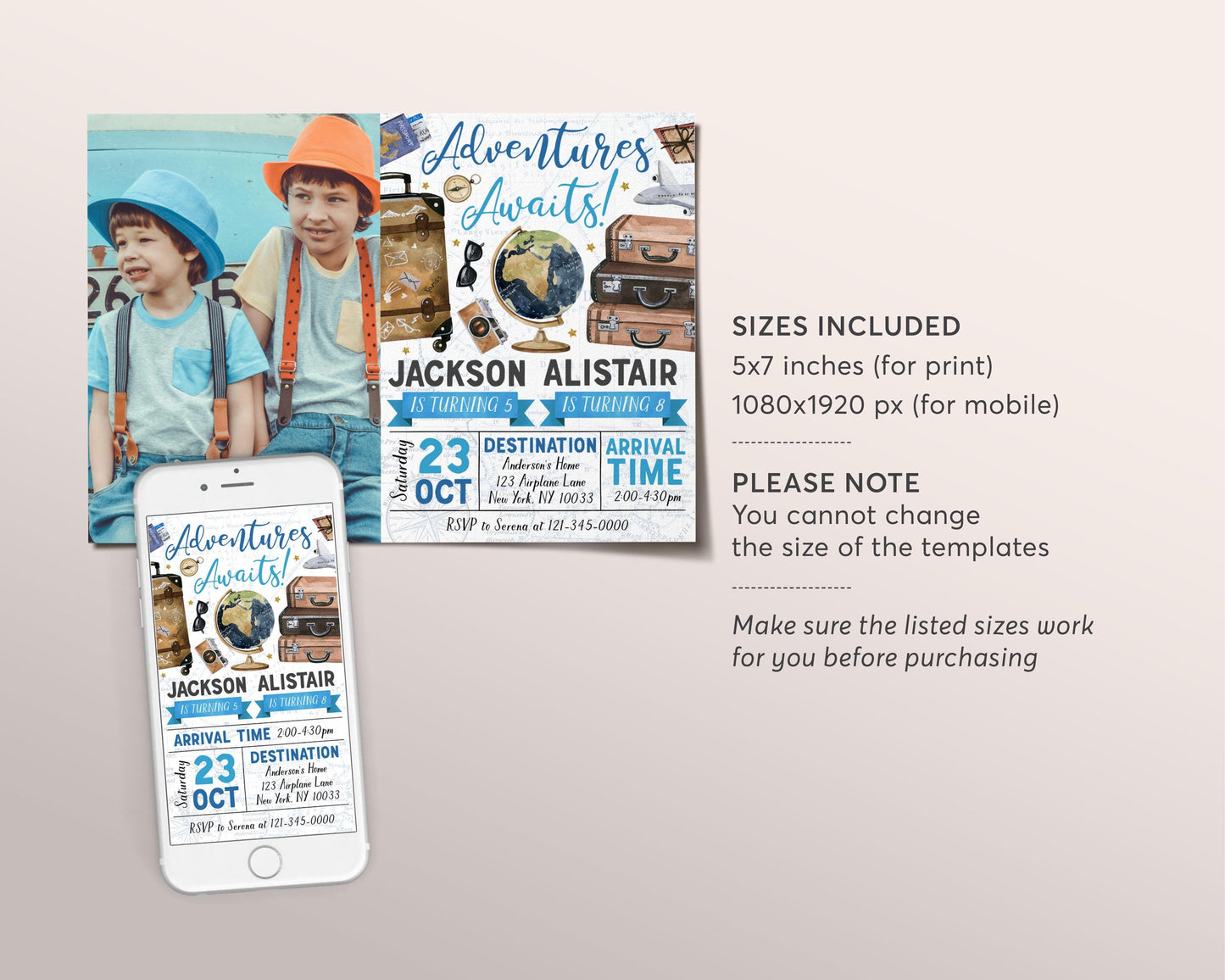 Adventure Awaits Travel Joint Siblings Birthday Invitation With Photo Editable Template, Twin Boys Around the World Party Invite Map Evite