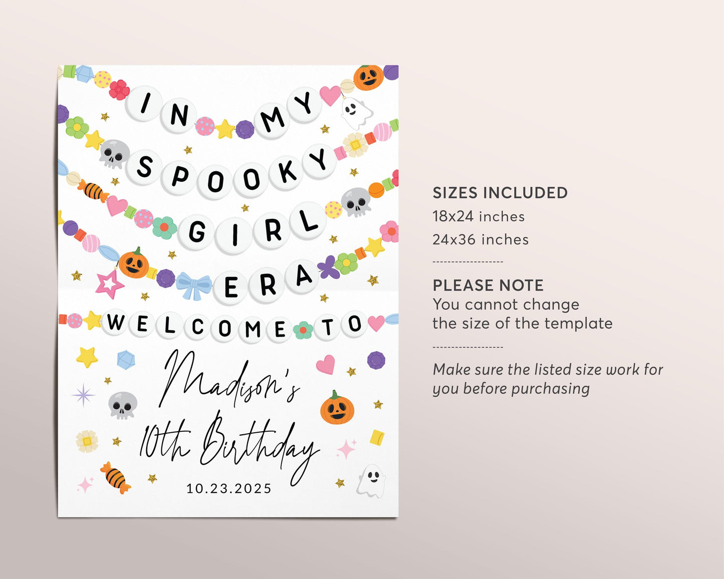 In My Spooky Girl Era Welcome Sign Editable Template, Halloween Ghost Friendship Bracelet Party Birthday Poster, Eras Spooktacular Board