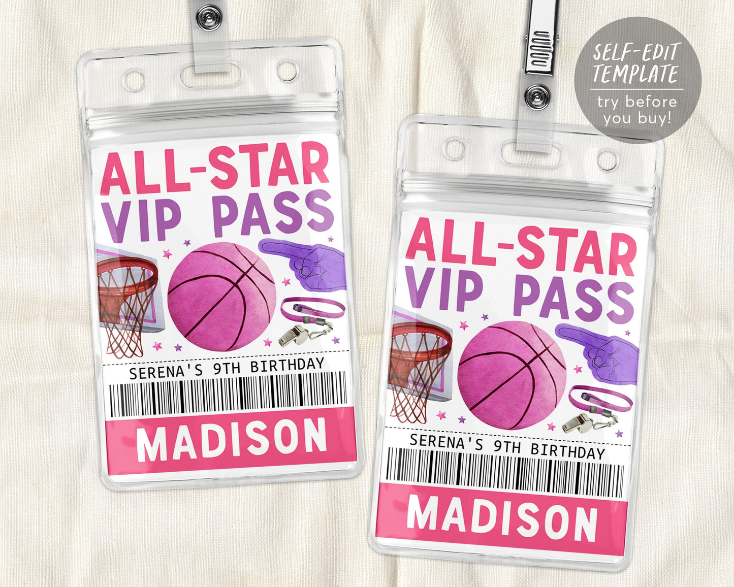 Basketball Birthday All Star VIP Pass Editable Template