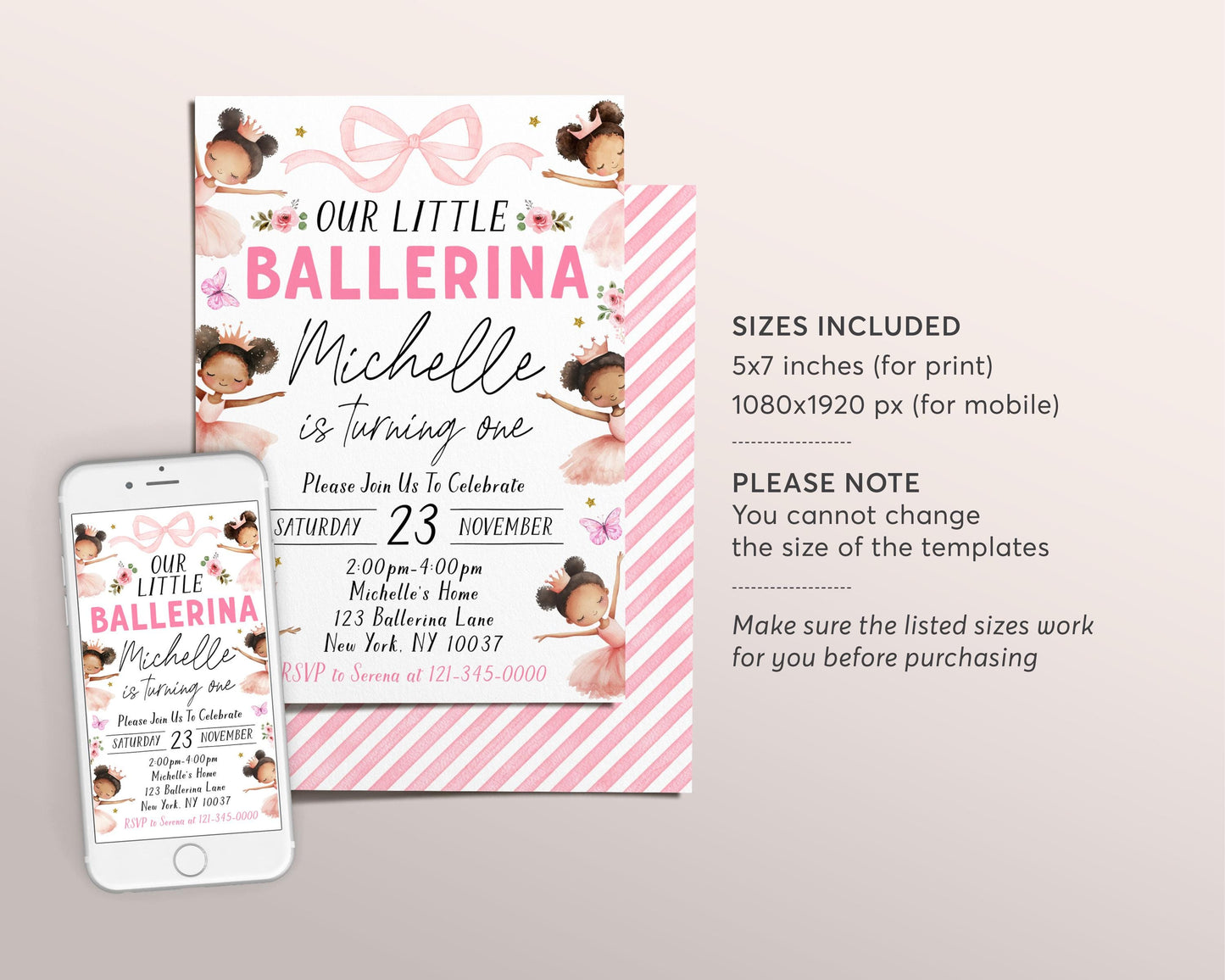 Ballerina Birthday Invitation Editable Template, Ballet Pink Tutu First Birthday Invite, Black Afro Ballerina Dance Floral Evite Printable