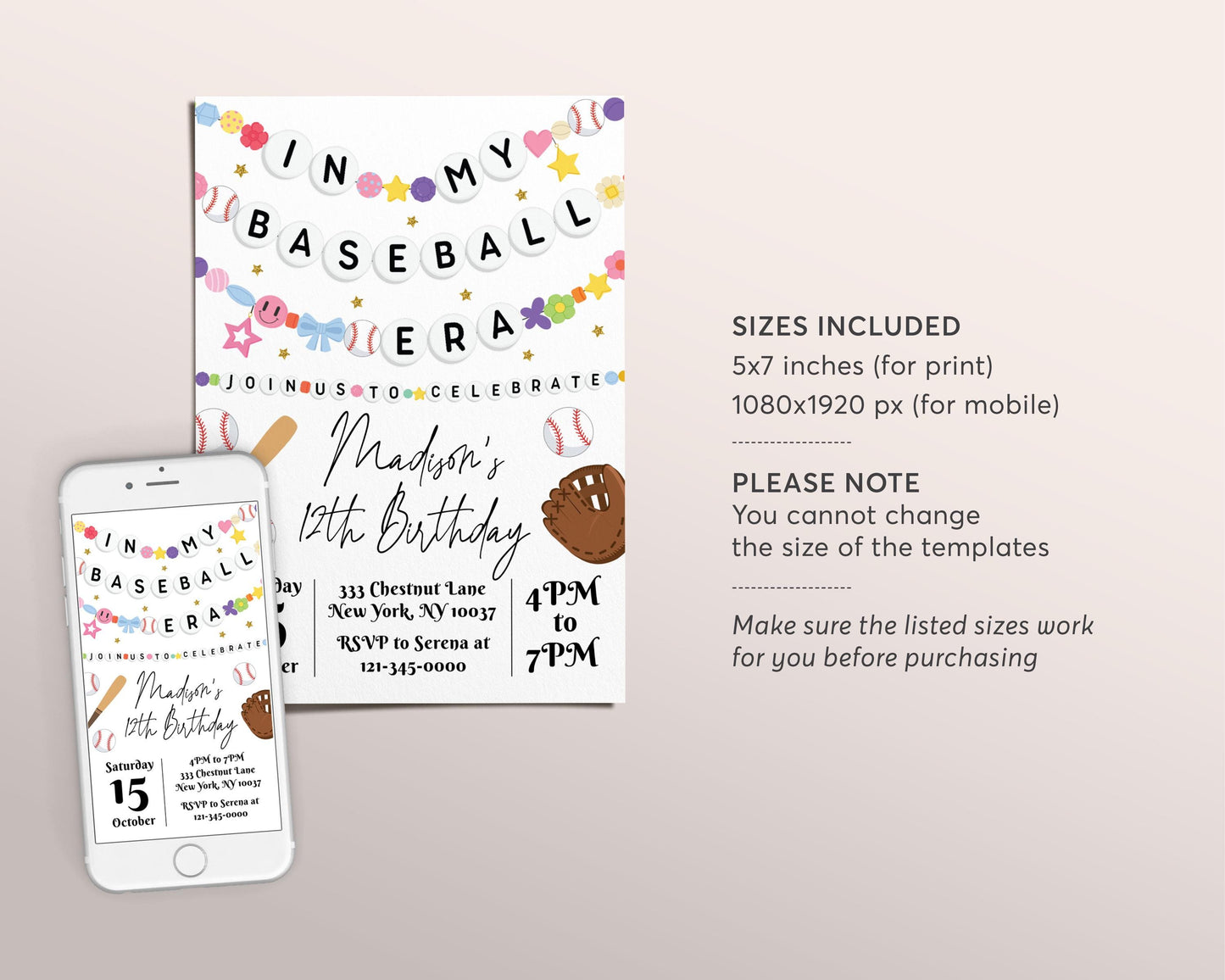 In My Baseball Era Birthday Invitation Editable Template, Baseball Friendship Bracelet Party Invite, Sports Game Day All Stars Eras Evite