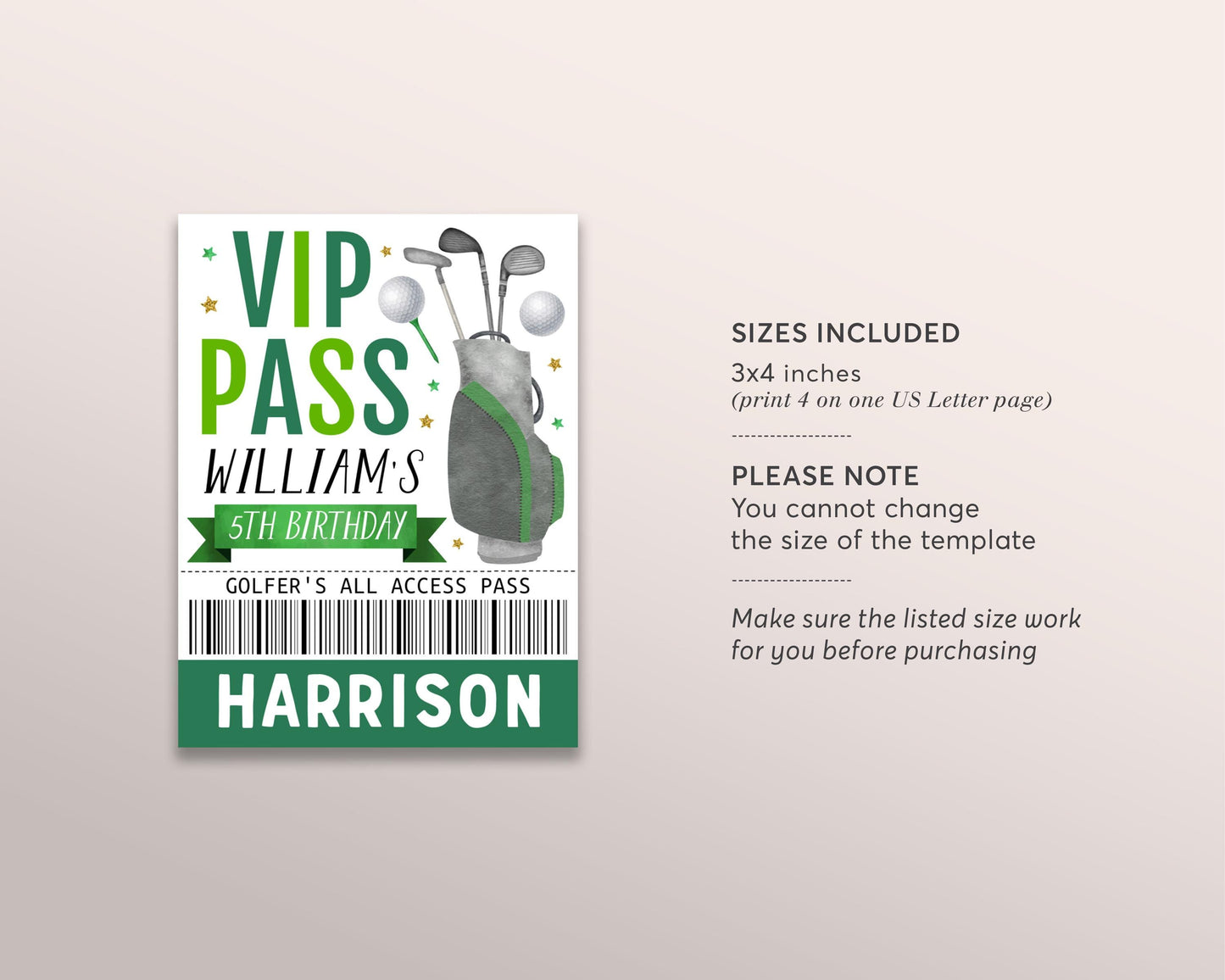 Golf Birthday All Star VIP Pass Editable Template, Golfer's Golfing Party All Access Pass, Crew Pass Guests Name Tag ID Badge Lanyard Sports