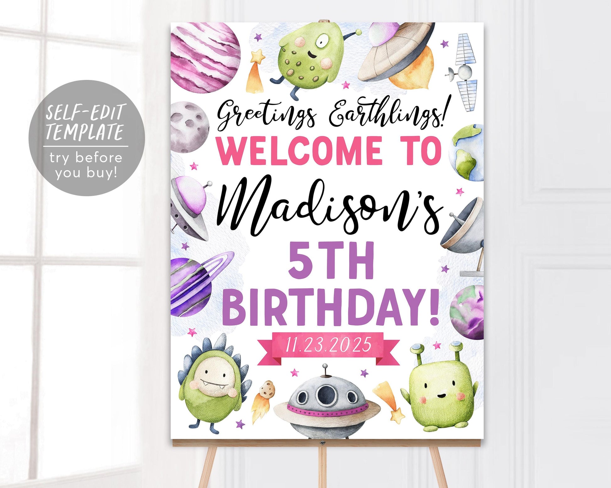 Alien Birthday Party Welcome Sign Editable Template