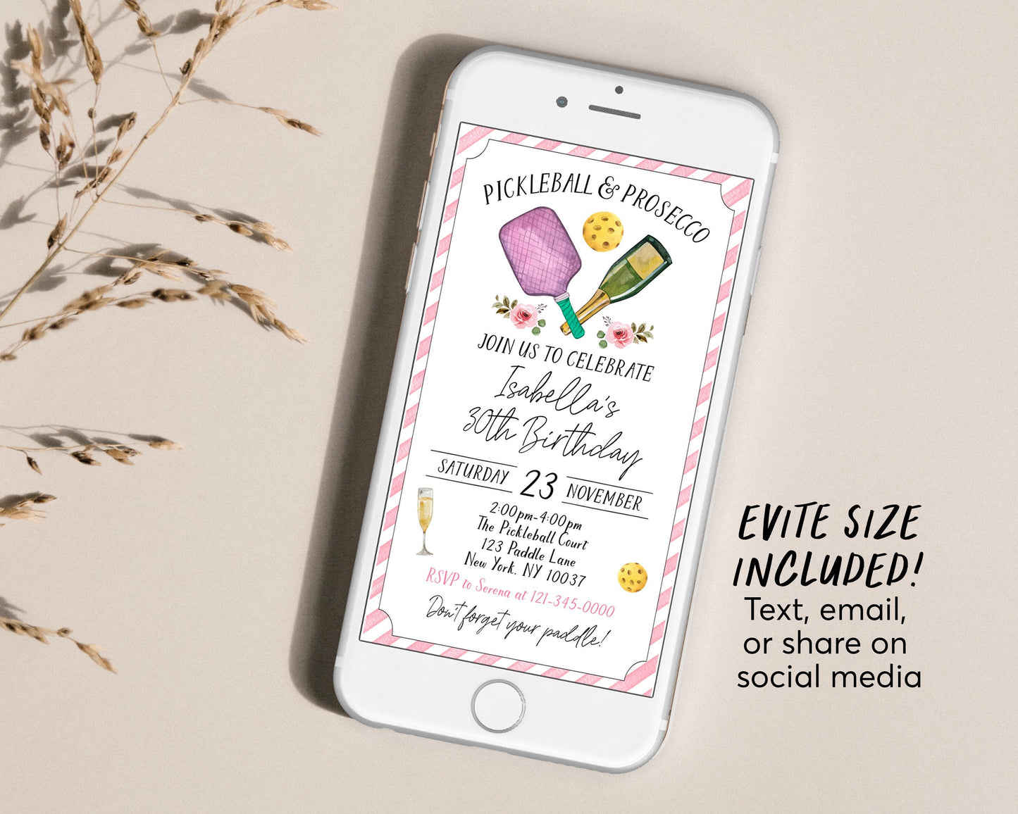 Pickleball and Prosecco Birthday Invitation Editable Template, Pink Adult Pickle Ball 30th 40th 50th Birthday Party Invite, Sport Evite