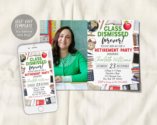 Teacher Retirement Invitation With Photo Editable Template