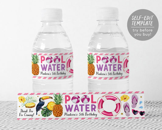 Aloha Tropical Pool Party Water Bottle Labels Editable Template pink