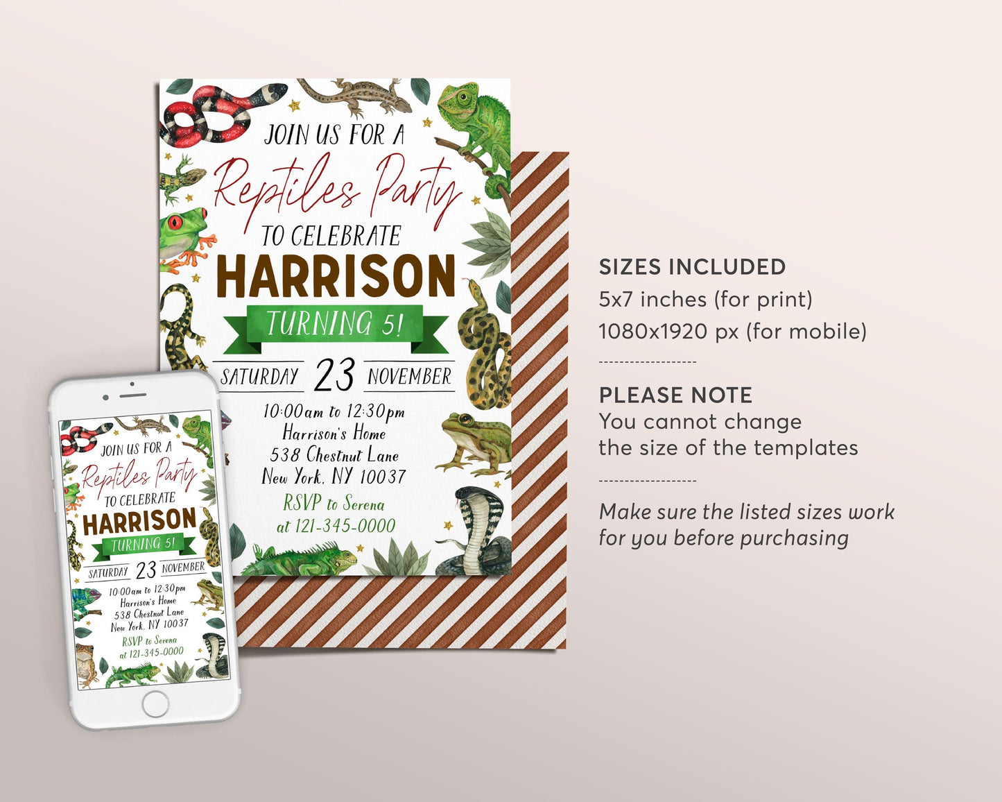 Reptiles Birthday Invitation Editable Template, Boy Reptile Nature Theme Party Invite, Kids Snake Lizard Frog Creepy Crawly Outdoor Evite