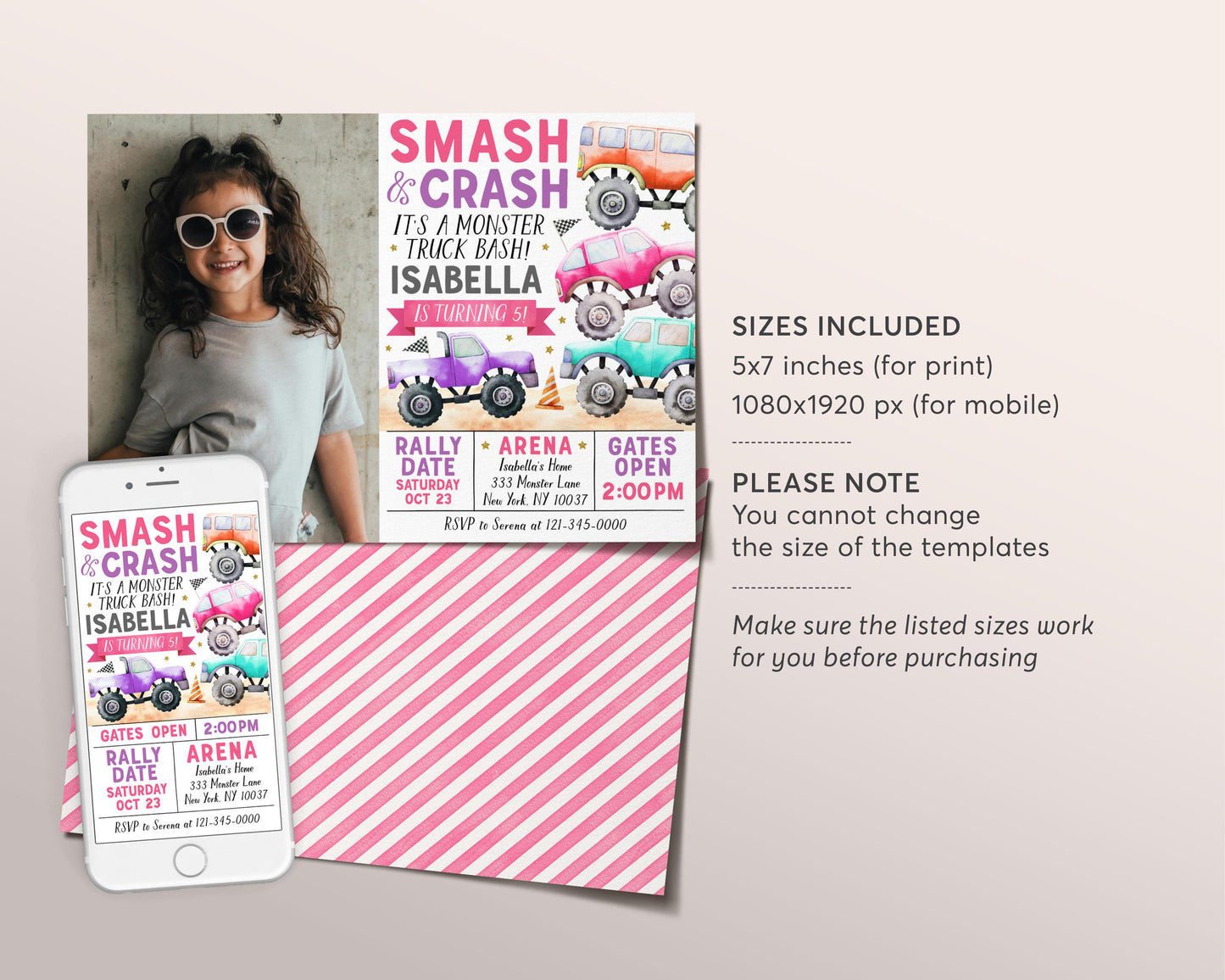 Monster Truck Birthday Invitation With Photo Editable Template, Girl It's A Monster Truck Bash Invite, Smash And Crash Party Evite Any Age