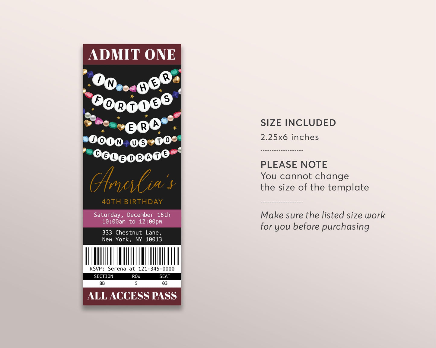 In My Forties Era Ticket Invitation Editable Template, Friendship Bracelet Birthday Era Party Invite, Fortieth 40th Birthday Eras Gems Evite