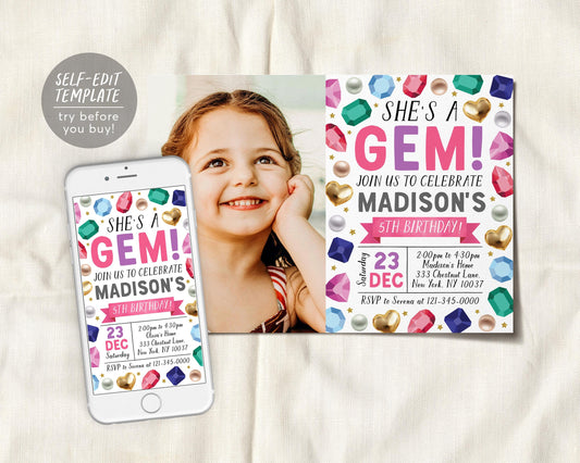 Gems Birthday Invitation With Photo Editable Template