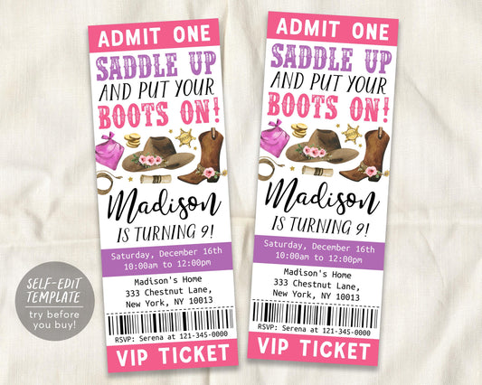 Rodeo Birthday Ticket Invitation Editable Template