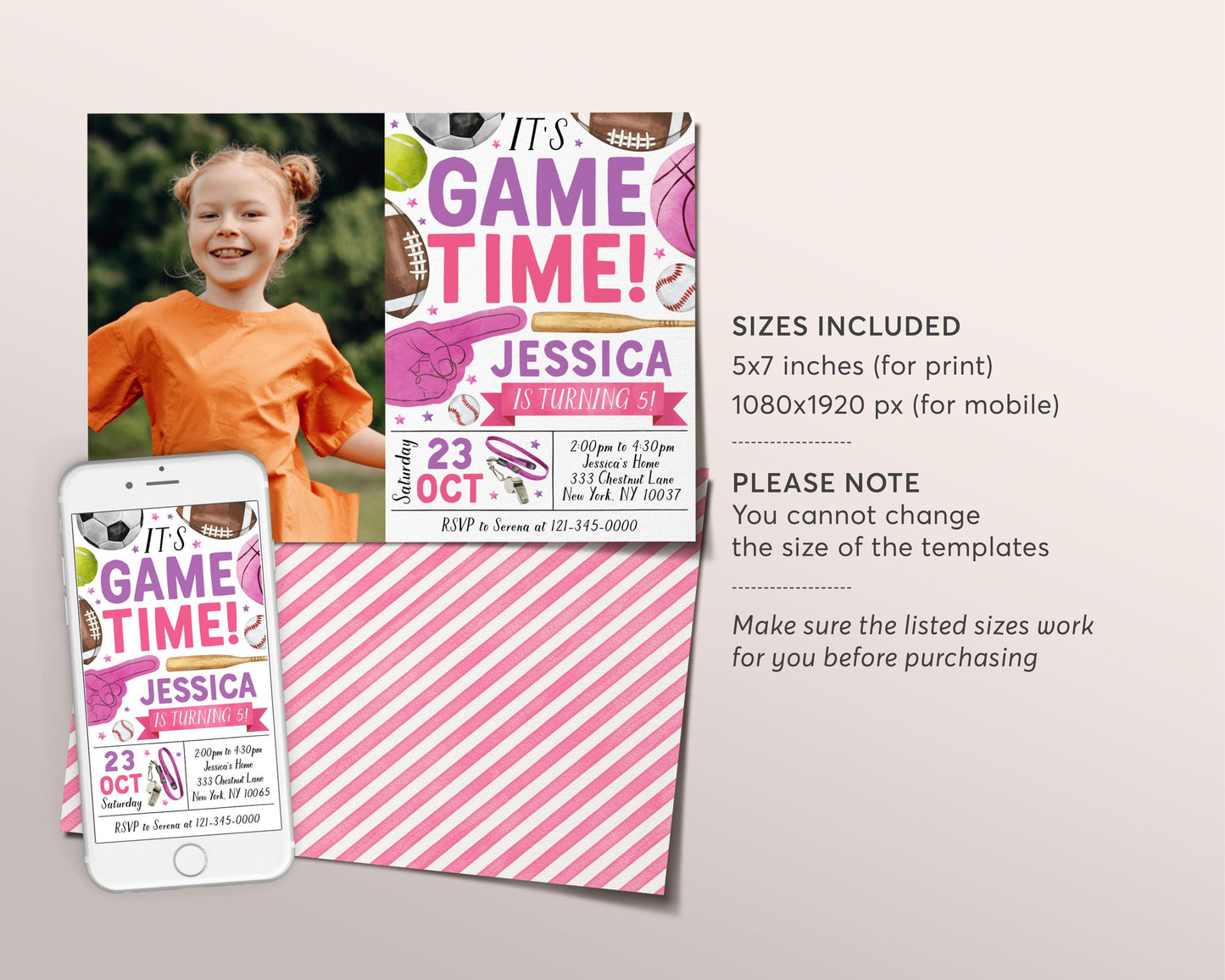 All Star Sports Birthday Invitation With Photo Editable Template, Girl It's Game Time Sports Party Invite Baseball Football Basketball Evite
