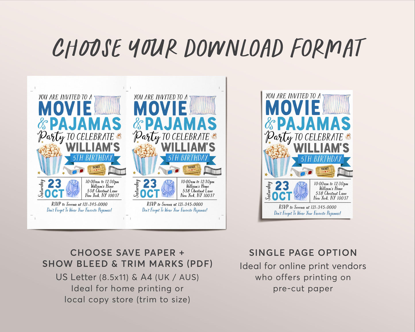 Movie and Pajamas Birthday Invitation Editable Template, Boy Slumber Party Popcorn Cinema Movie Ticket Invite, Sleepover Kids Party Evite